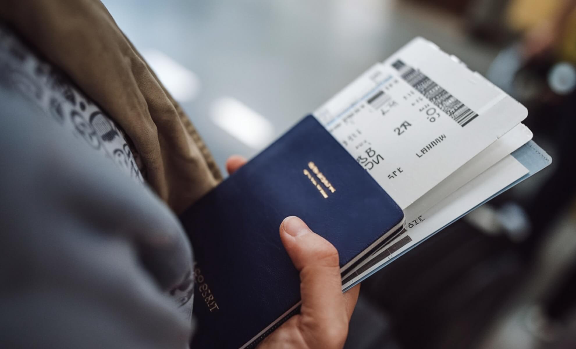 Personne tenant son passeport avec billets d'avions