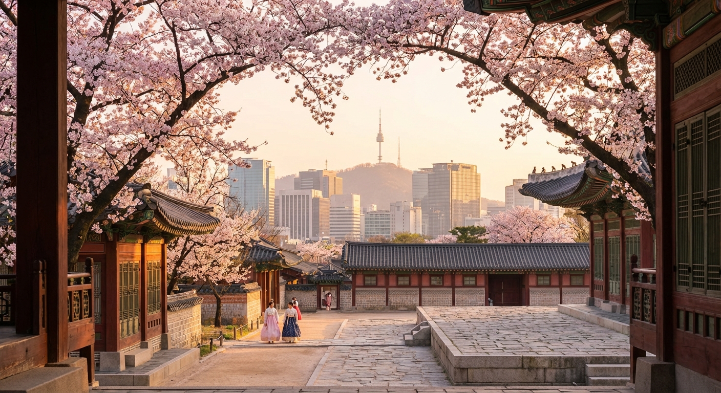 Palais traditionnel coréen avec cerisiers en fleurs et skyline de Séoul au coucher du soleil
