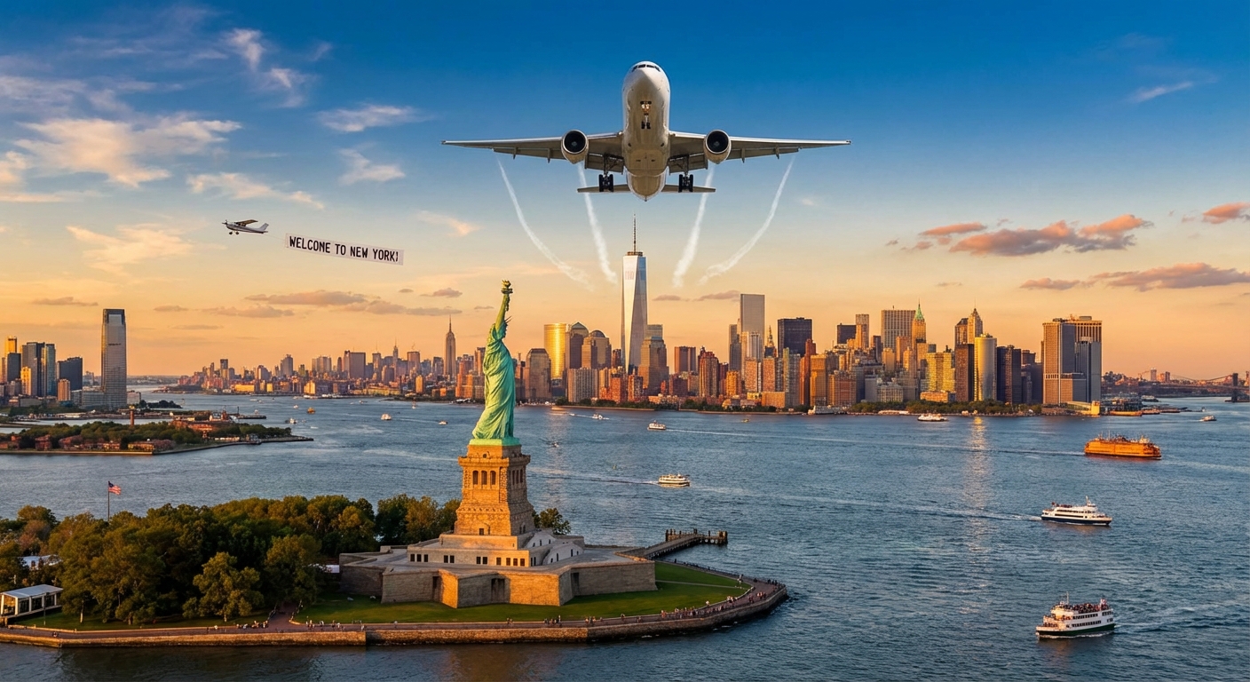 Vue aérienne de la Statue de la Liberté avec la skyline de New York et un avion en vol, ambiance dorée de voyage