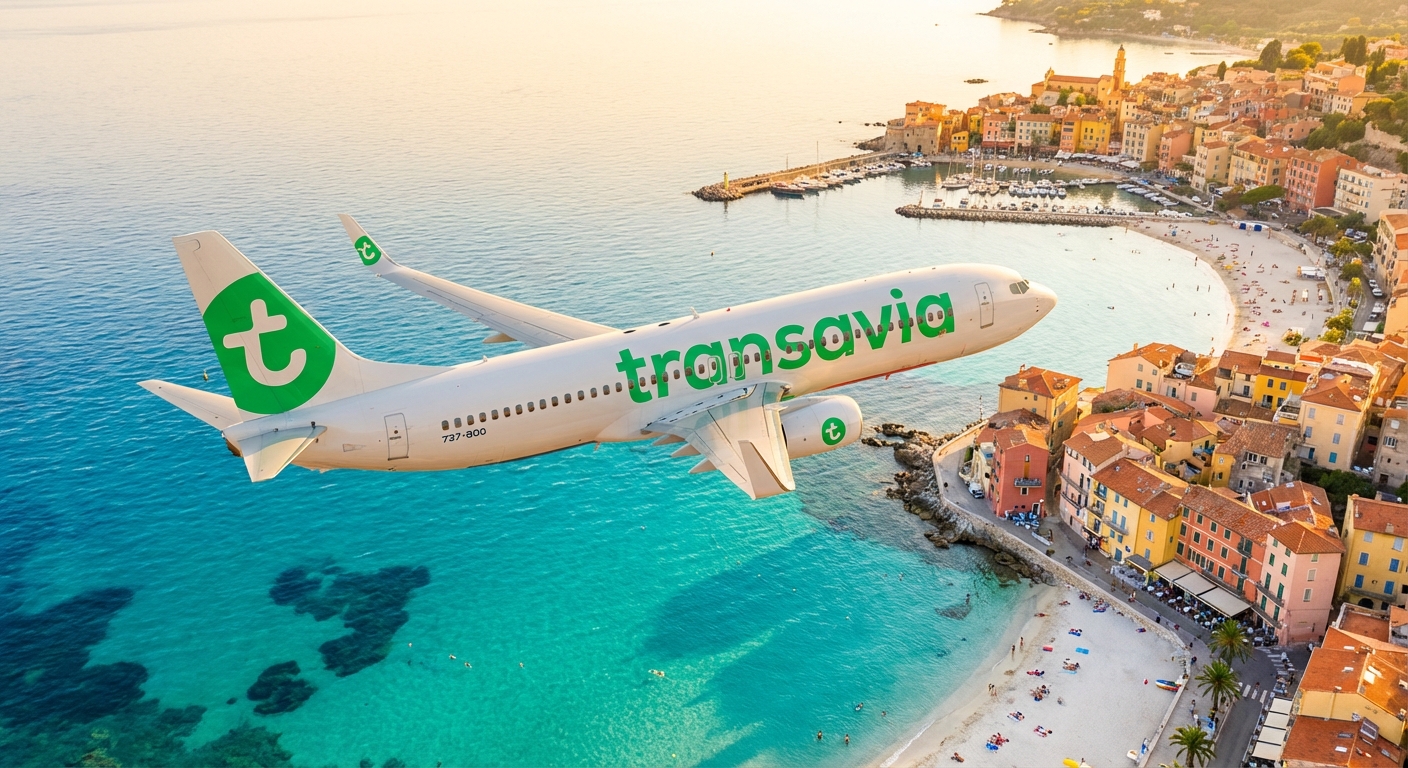 Avion Transavia survolant une côte méditerranéenne au coucher du soleil avec eaux turquoise et ville colorée